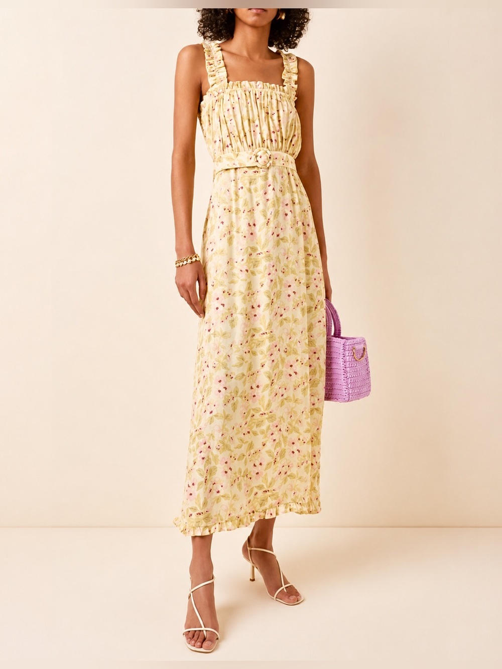 Faithfull the Brand Adele Floral Maxi Dress Butter Yellow Pink Size US 6
